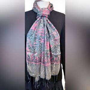 Silk Batik Paisley Scarf Fringe Boho Gray Pink Wrap
